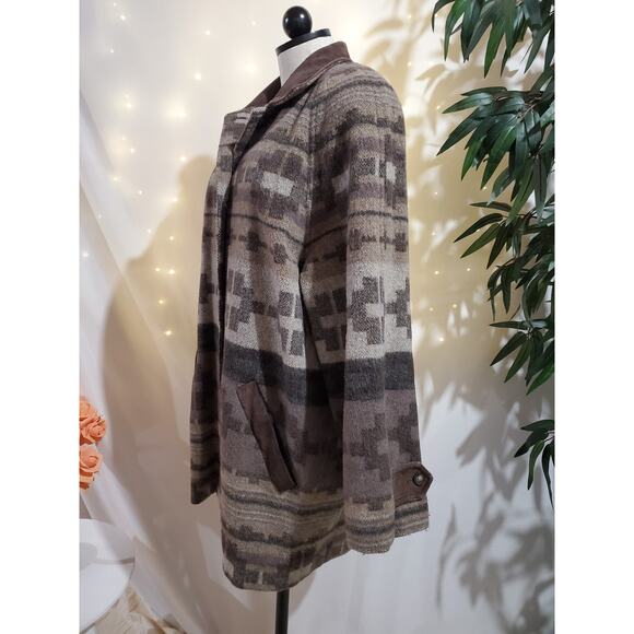 L.L. Bean Vintage Aztec Southwestern Wool Leather Blanket Jacket Womens Size L - Picture 2 of 12